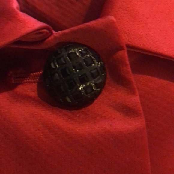 St. John red satin black wool accents midi dress and overcoat EUC size 8 - Picture 9 of 12